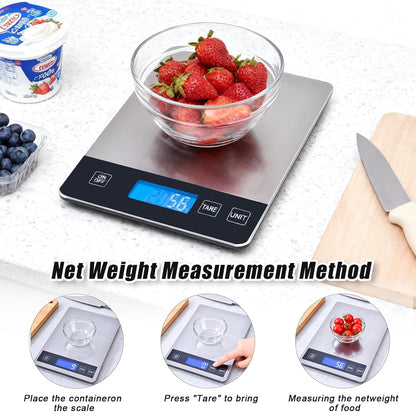 Food Kitchen Scale, 33lb Digital Food Scale Precisely Measures Grams and Ounces for Baking and Cooking, Rechargeable 304 Stainless Steel Kitchen Scale for Food with LCD Display, Batteries Included