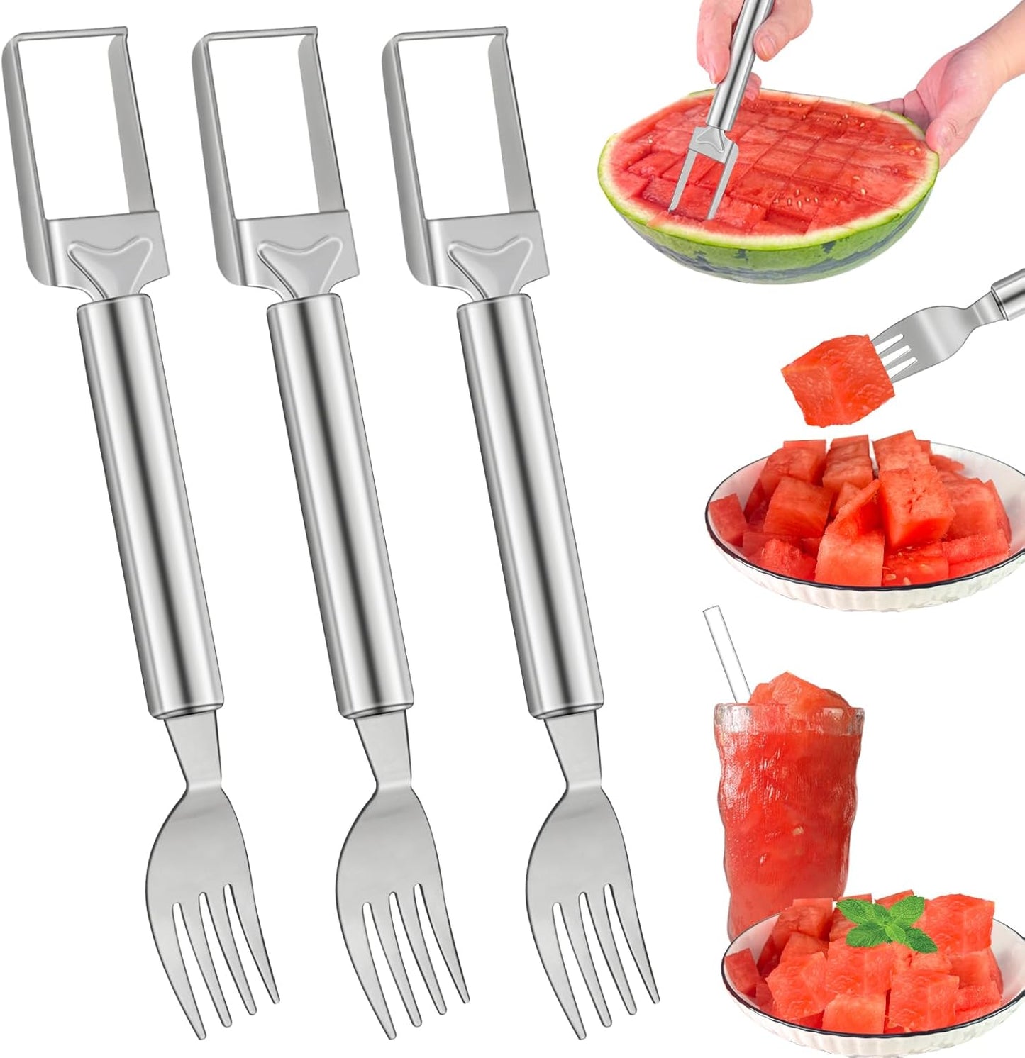 2-in-1 Watermelon Slicer & Fork – Stainless Steel Fruit Cutter Tool for Watermelon, Mango, Pitaya – Portable for Camping, Picnics, Home, Parties – Effortless Cubes & No Mess