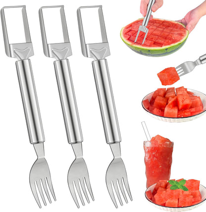 2-in-1 Watermelon Slicer & Fork – Stainless Steel Fruit Cutter Tool for Watermelon, Mango, Pitaya – Portable for Camping, Picnics, Home, Parties – Effortless Cubes & No Mess