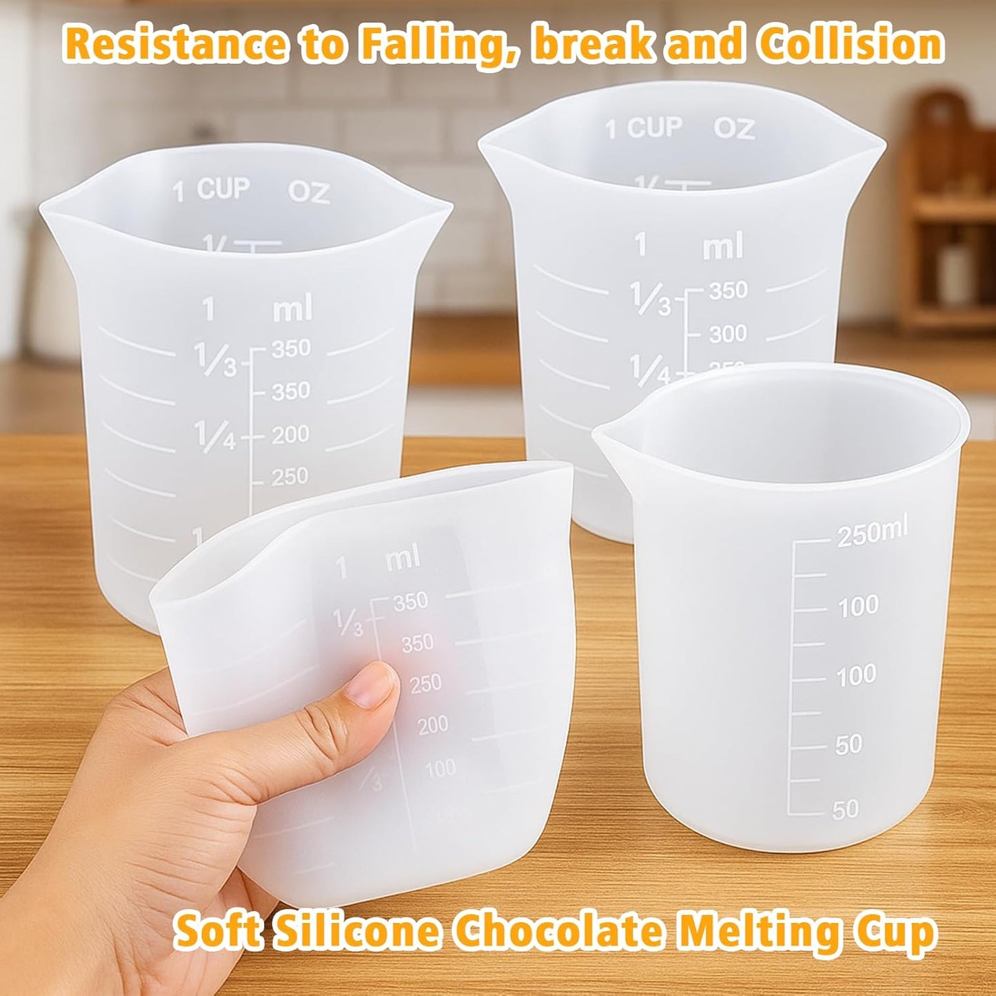 Palksky Silicone Chocolate Melting Cup Set with 4 Silicone Measuring Cups (250ml & 350ml) and 4PCS Heat-Resistant Jar Spatulas, Non-Stick Baking Tools for DIY Chocolate, Butter & Cream Mixing