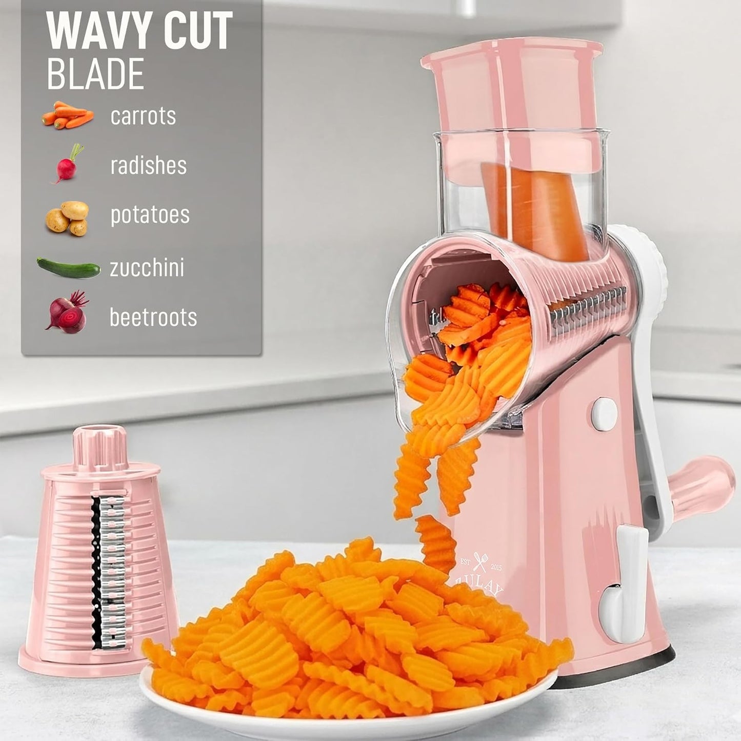 Zulay Kitchen Rotary Cheese Grater 5 Blade Cheese Shredder - Manual Hand Crank Cheese Grater With Reinforced Suction & 5 Interchangeable Drums - Easy to Use, Vegetable Chopper Round Mandoline Slicer - Colors A