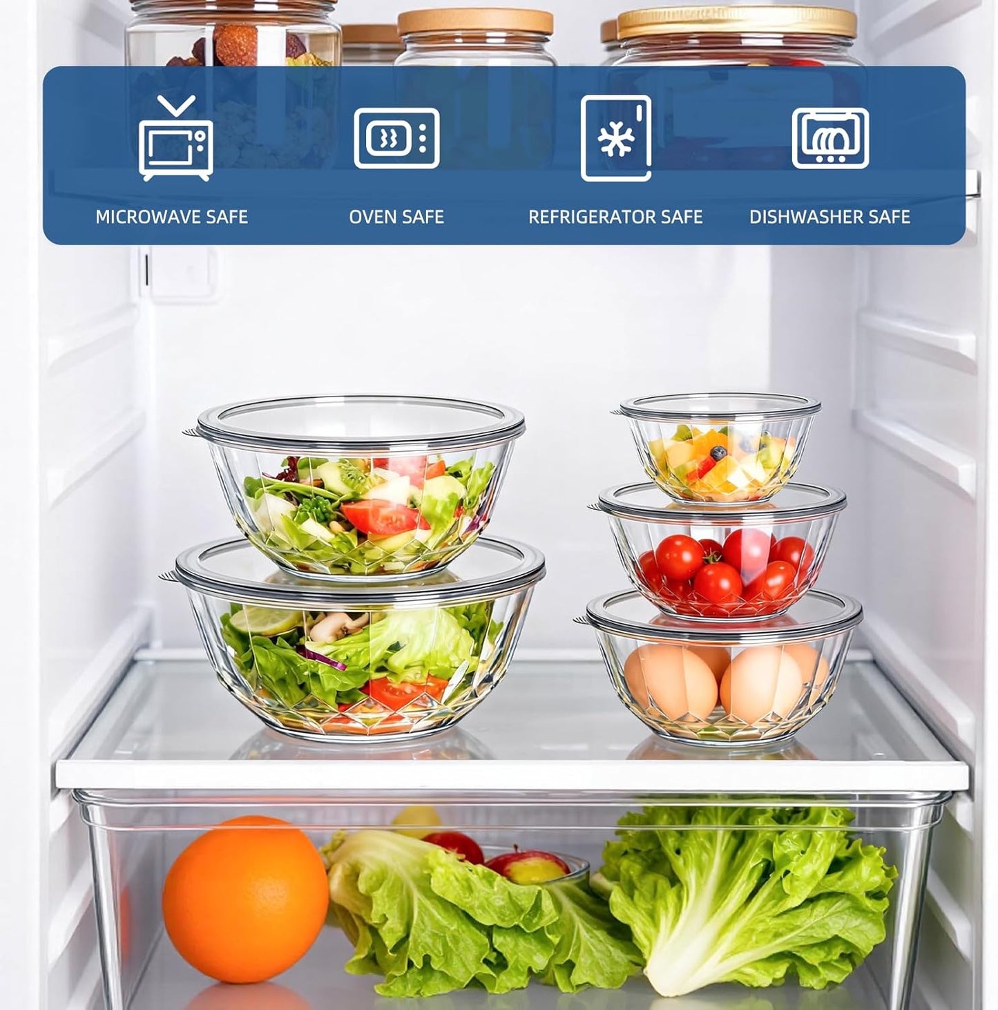Luvan Glass Mixing Bowls with Lids Set(4.5QT, 2.7QT, 1.1QT)-Large Glass Mixing Bowls, Clear Salad Bowl for Baking, Cooking, Serving, Food Prep, 3PC Nesting Bowls for Kitchen Storage & Dishwasher Safe