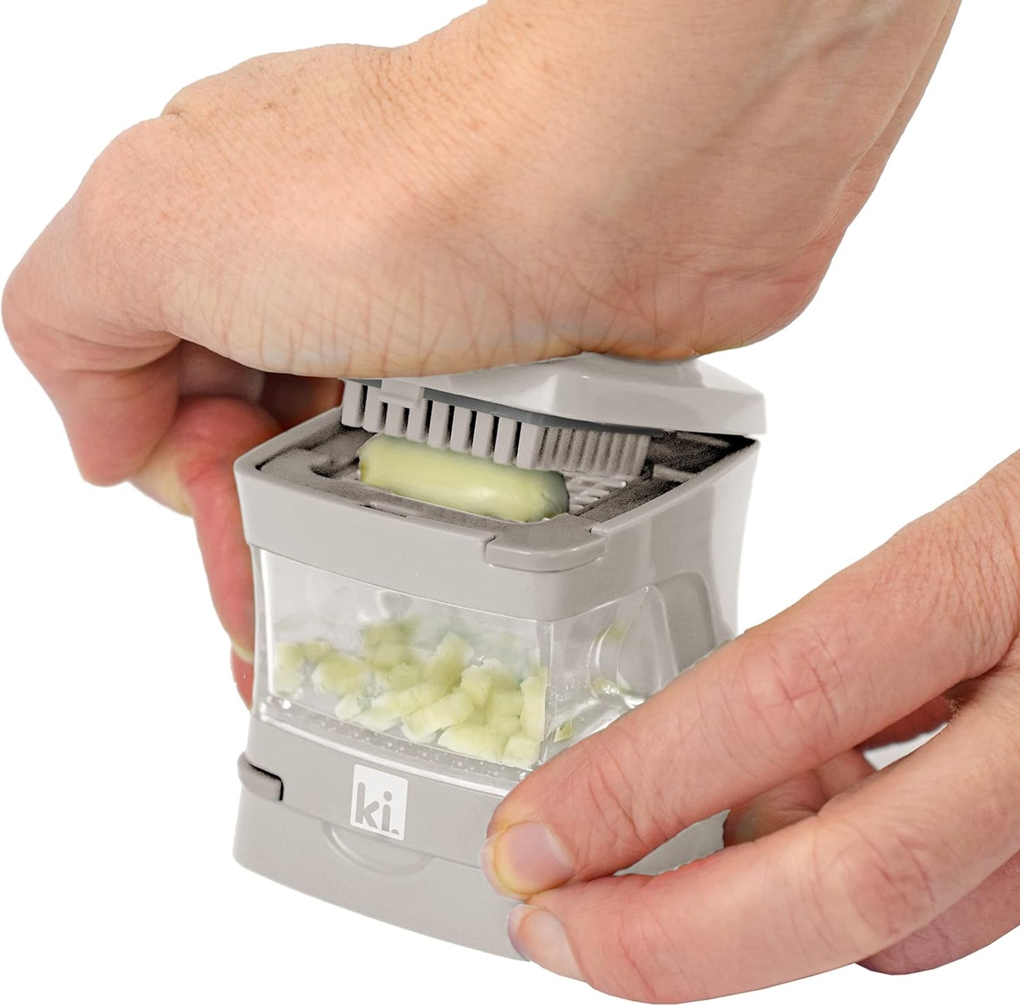 Garlic-A-Peel Garlic Press, Crusher, Cutter, Mincer, and Storage Container - Includes Silicone Garlic Peeler - Easy to Clean - Stainless Steel Blades – (Black), standard