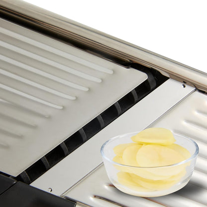 Restaurantware Stainless Steel Adjustable Mandoline Slicer - German Standard Vegetable Slicer with Blade Guard, Cut-Resistant Gloves, Cleaning Brush - Food Slicer for Potato, Onions, Cucumbers, Tomato