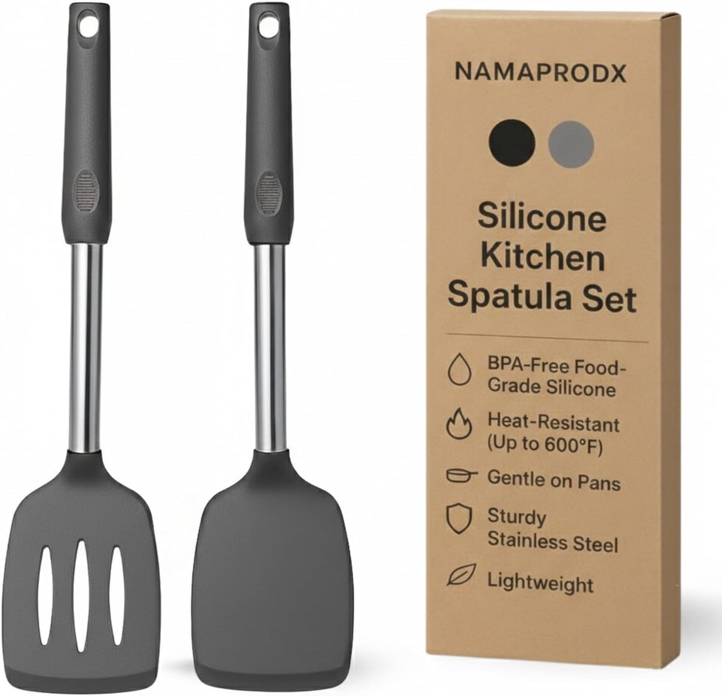 Silicone Spatula Set (2-Pc) - 600°F Heat Resistant, BPA Free, Non-Scratch, Dishwasher Safe I Slotted & Solid Kitchen Spatula Turners I Ideal for Eggs, Pancakes, Fish I Stainless Steel I Gray