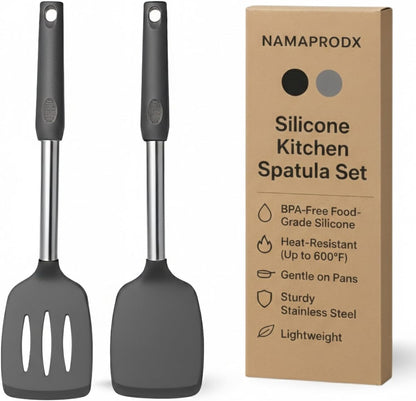 Silicone Spatula Set (2-Pc) - 600°F Heat Resistant, BPA Free, Non-Scratch, Dishwasher Safe I Slotted & Solid Kitchen Spatula Turners I Ideal for Eggs, Pancakes, Fish I Stainless Steel I Gray