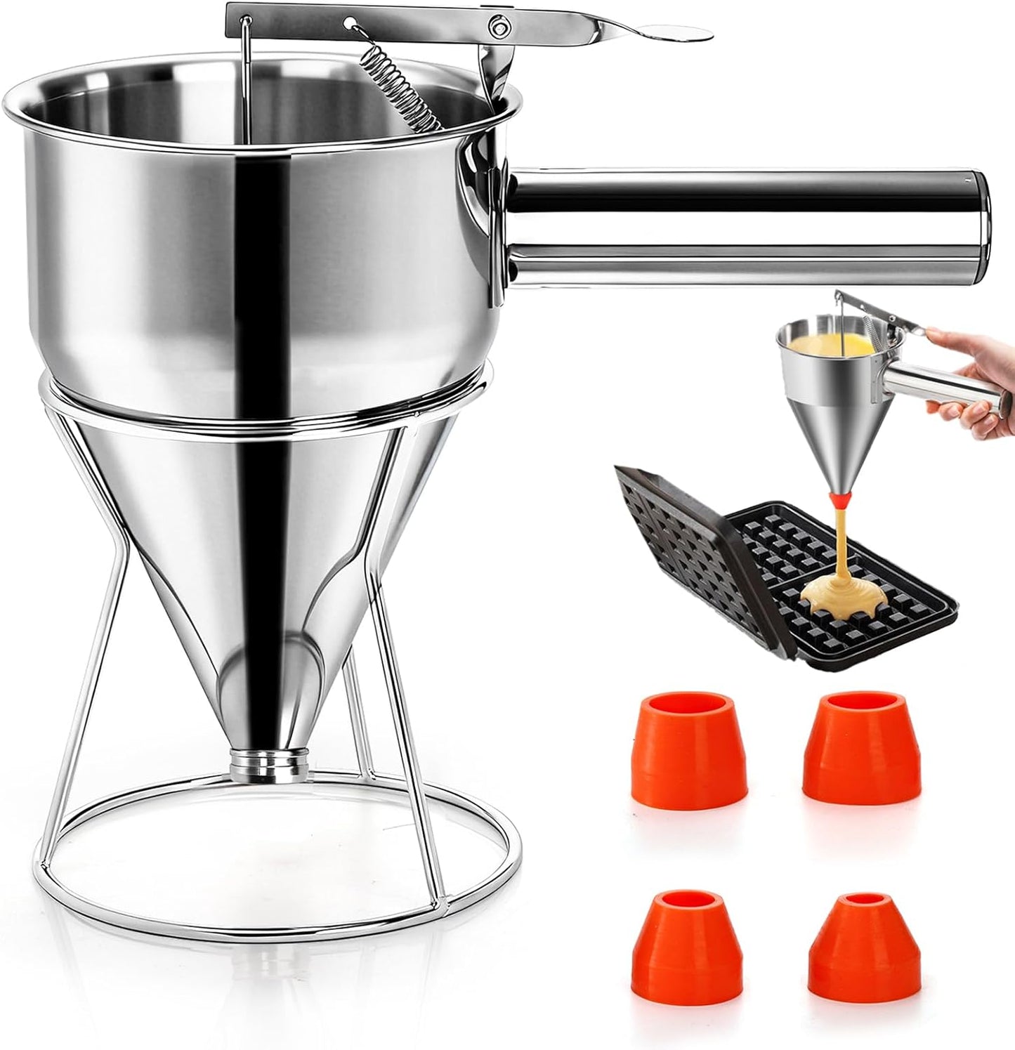 WRINGKIT 40 Oz Pancake Batter Dispenser, Stainless Steel 4 Caliber Funnel Cake Dispenser with Stand, Pancake Mix Dispenser with Handle, Funnel Cake Maker for Cupcakes, Muffins, Waffle and Baked Goods