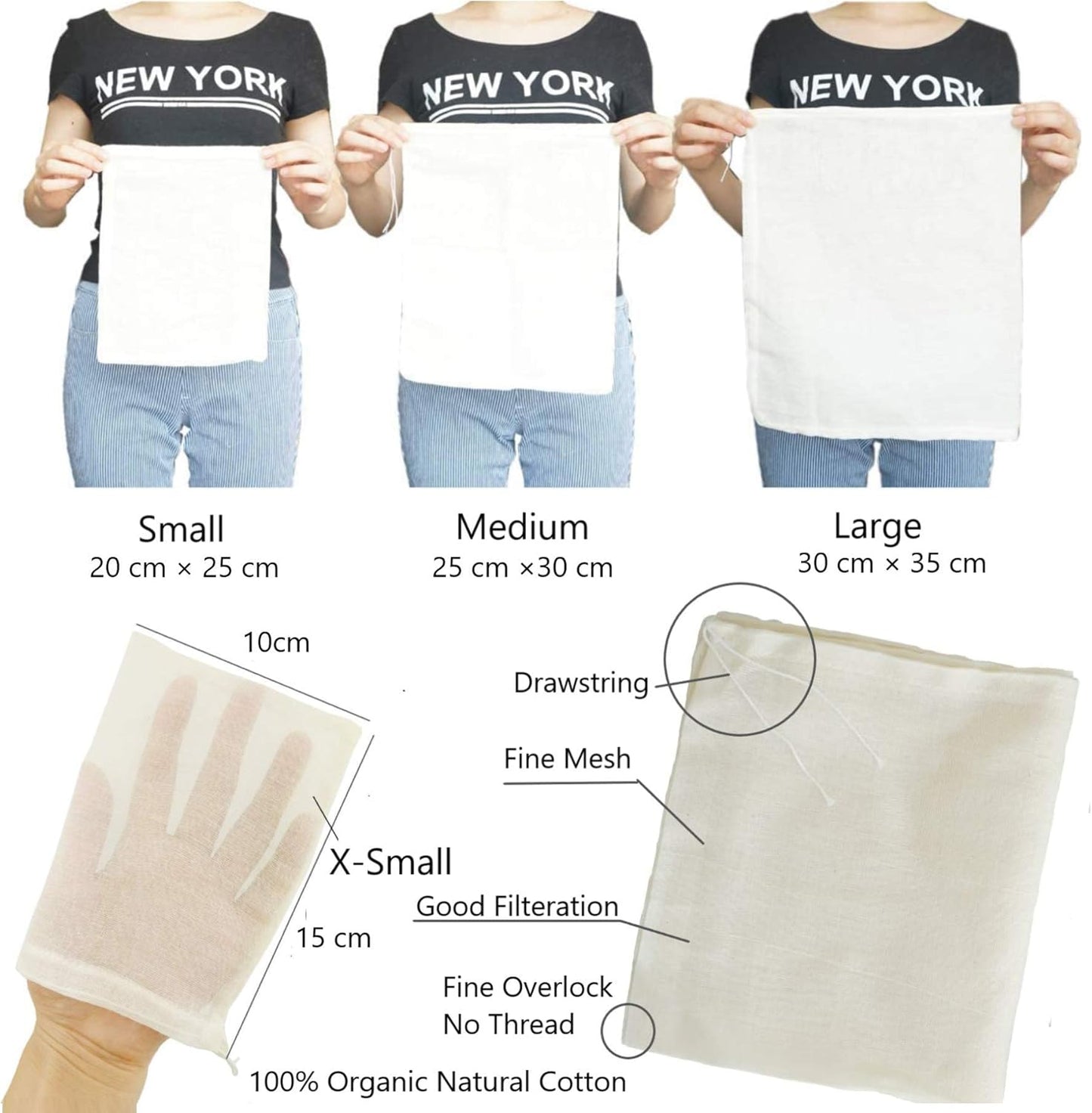 Cheesecloth Bags for Straining,Reusable Cold Brew Coffee Cheese Cloths Strainer,Large Nut Milk Tea Juice Bag,100% Natural Cotton Fine Mesh Filter Bags (X-Small,10 PACK)