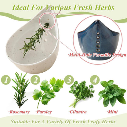 Pottery Herb Stripper Bowl, Teardrop Shaped Ceramic Herb Stripper, Handmade Leaf Remover with Different Sized Round Holes for Parsley, Cilantro, Rosemary & Salad Cooking(Blue)