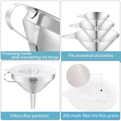Toncoo 3 Pack Stainless Steel Funnels for Kitchen Use, Food Grade Cooking Funnel with 3 Strainer, Kitchen Funnel Set Metal Funnels for Filling Bottles