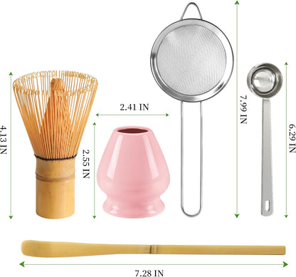 Matcha Whisk Set Matcha Making Kit Bamboo Chasen Ceramic Whisk Holder Stand Sifter Scoop Japanese Tea Tools (Solid Pink)