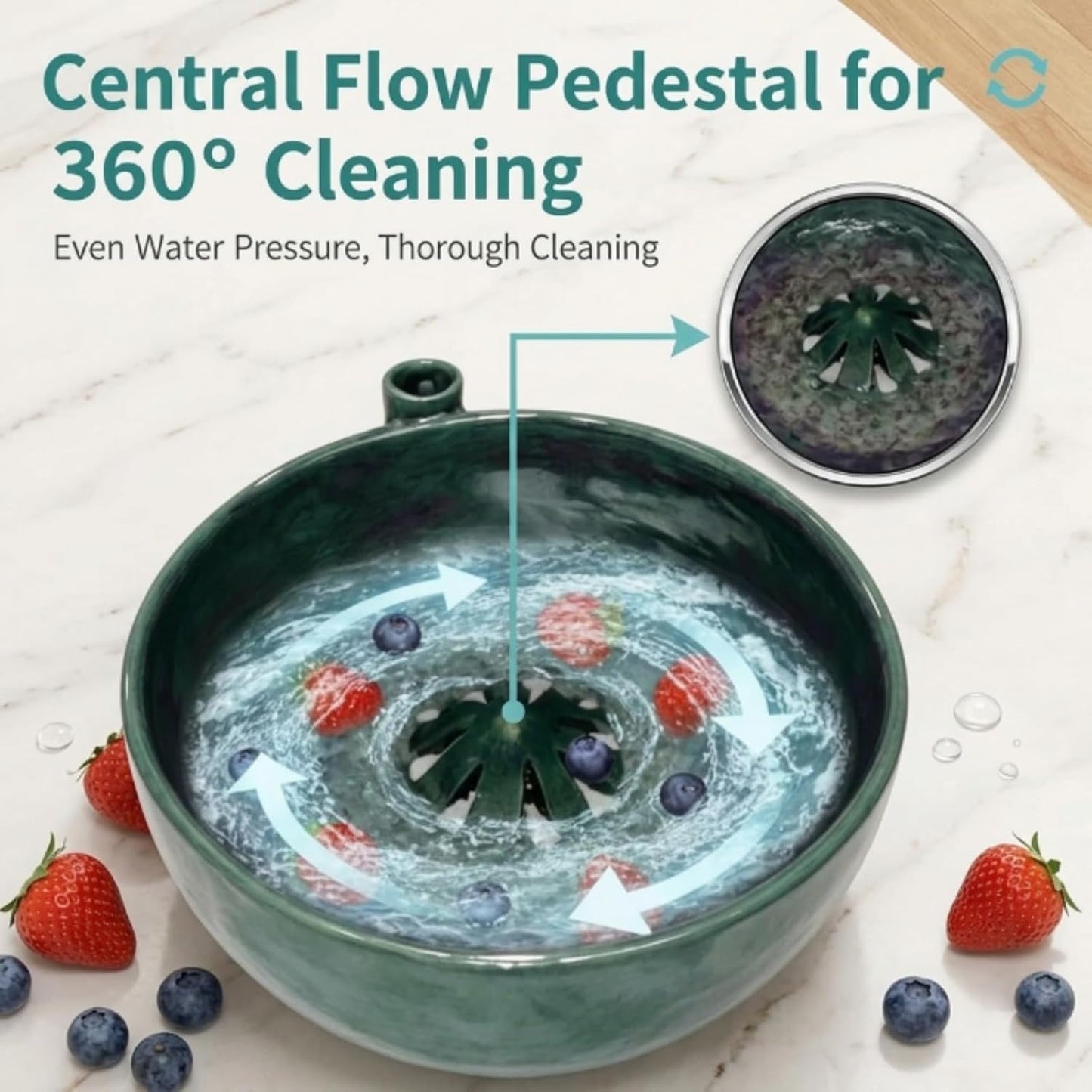 Self Spinning Berry Washing Bowl, Automatic Berry Rinse Bowl with Vortex Washing, 360-Degree Fruit Washer Colander with Built-in Drain Holes for Kitchen, Berries, Grapes and Vegetables (1Pc)