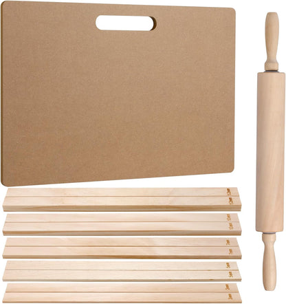 Newtay 12 Pcs Pottery Tools Include 1 Wood Rolling Pin Sculpting Polymer Clay Tools 1 Portable Pottery Wedging Board/Linen Tablecloth and 10 Pcs 5 Size Teaching Rolling Mud Stick Guide (Tablecloth)