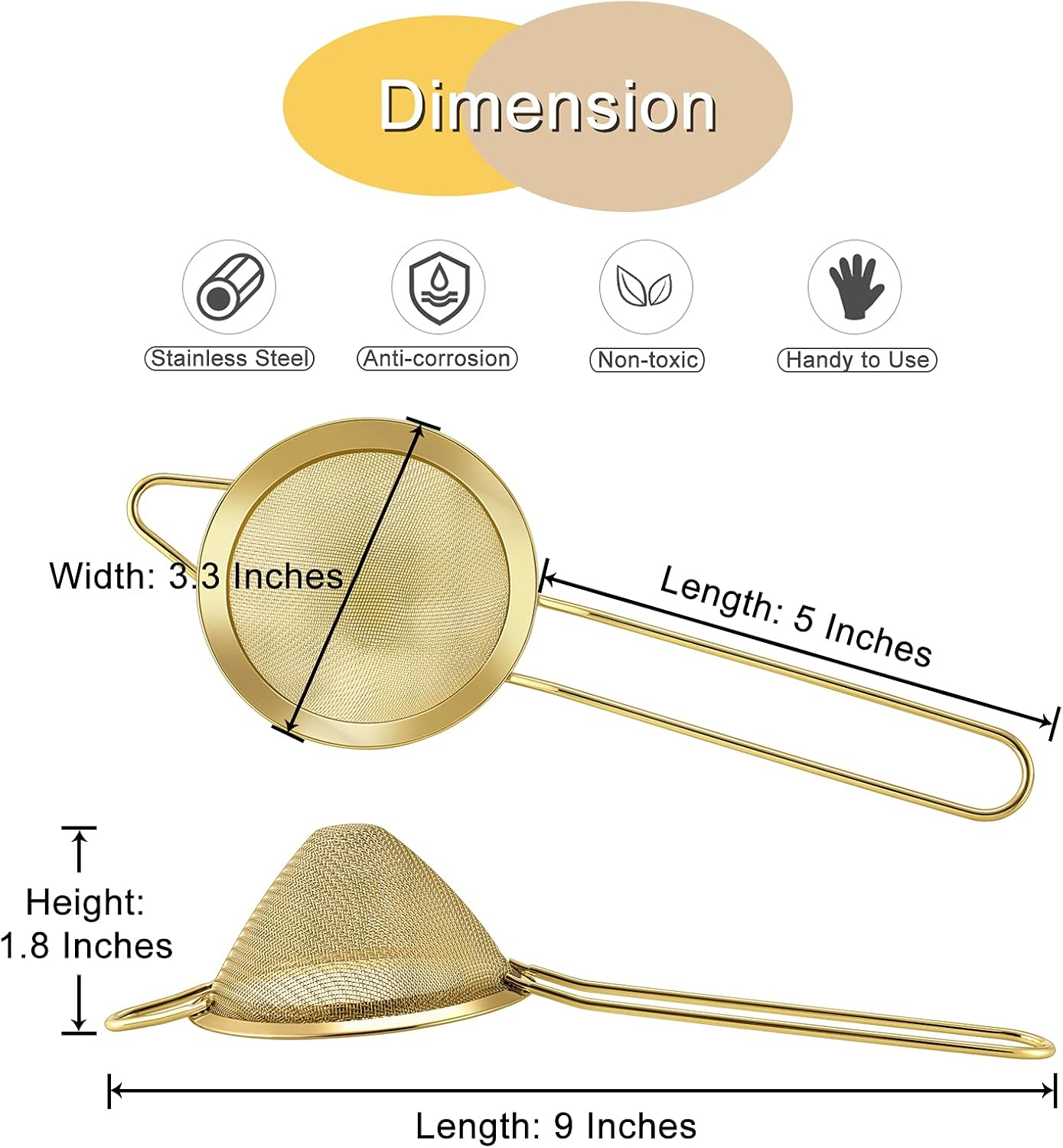 E-far Fine Mesh Strainer Set of 2, 3.3 Inches Stainless Steel Tea Strainer with Long Handle, Small Conical Mesh Strainers Sieve for Cocktail Coffee Food, Rust Proof & Easy to Clean (Silver)