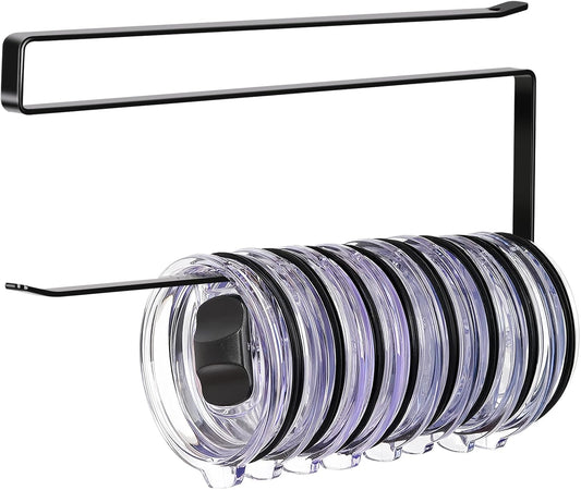 Tumbler Lid Organizer, Horizontal Tumbler Lid Storage Hook Up to 10 Lids, Space Saving Cup Lid Holders Under Cabinet Tumbler Lid Hook for Kitchen Organizer and Storage,Hanging Paper Towel Rack Hanger