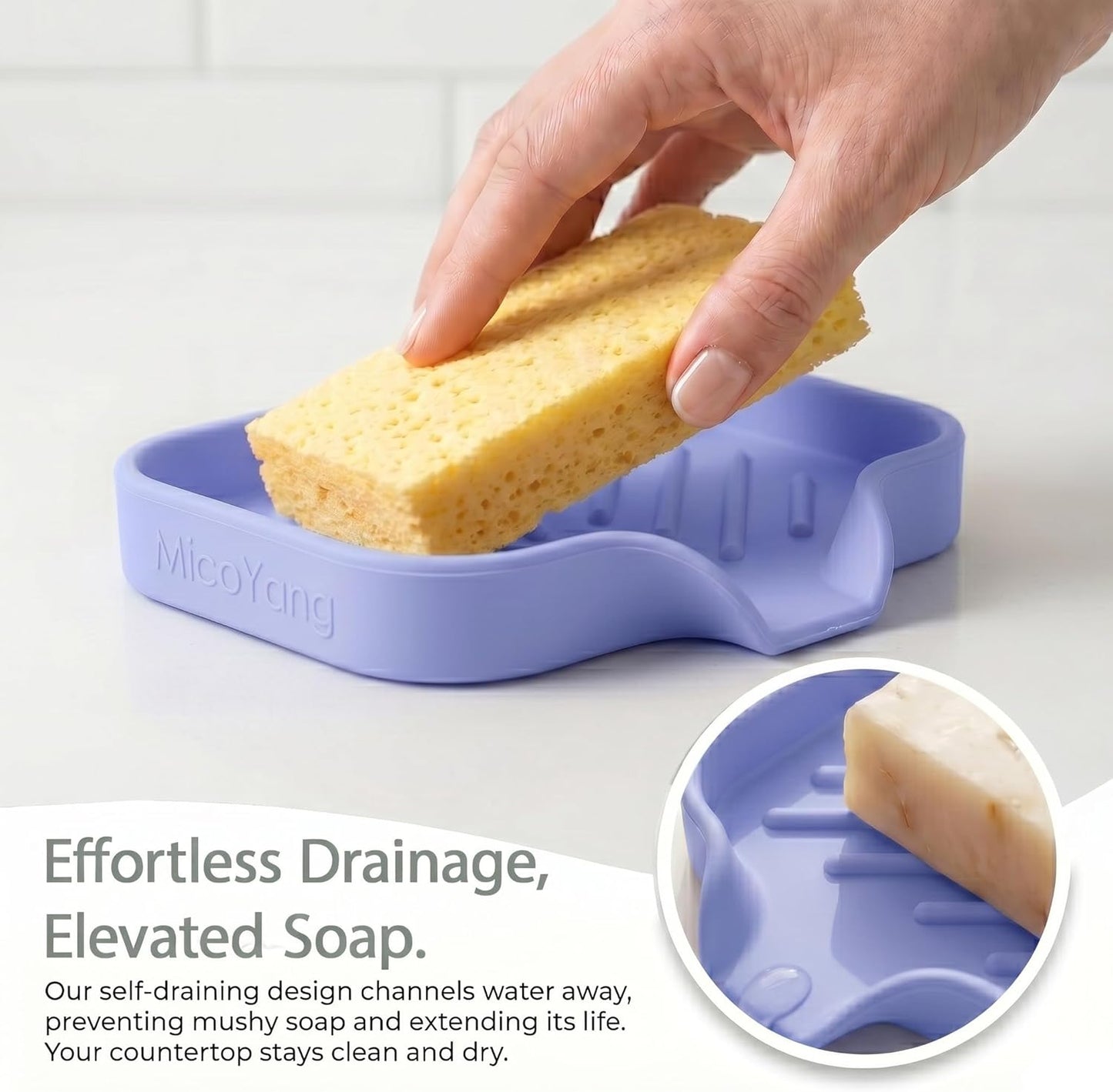 MicoYang Silicone Soap Dish with Drain Spout, Self-Draining Sink Organizer Tray for Bathroom and Kitchen, Sponges, Dispensers and Soap Holder, Non-Slip and Dishwasher Safe, Black (Compact, 4.9"×3.2")