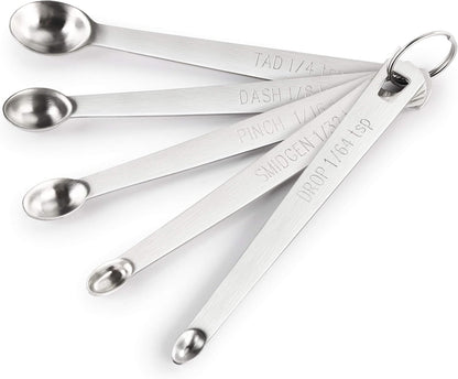 New Star Foodservice 42924 Stainless Steel Mini Measuring Spoons Set, 5-Piece Small Metal Measuring Spoon Set for Spices, Baking, Cooking, Dash, Pinch, Smidgen, Drop, Tad, Silver