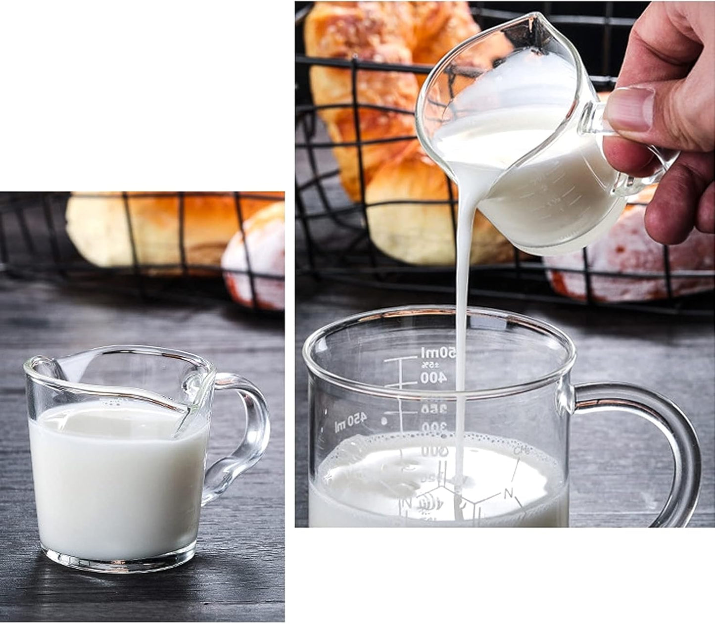 Hacaroa 4 Pack Double Spouts Measuring Cups Espresso Shot Glass with Handle, 2.5 Oz Mini Milk Triple Pitcher Barista Clear Graduated Cups for Coffee, Wine, Bar, Party