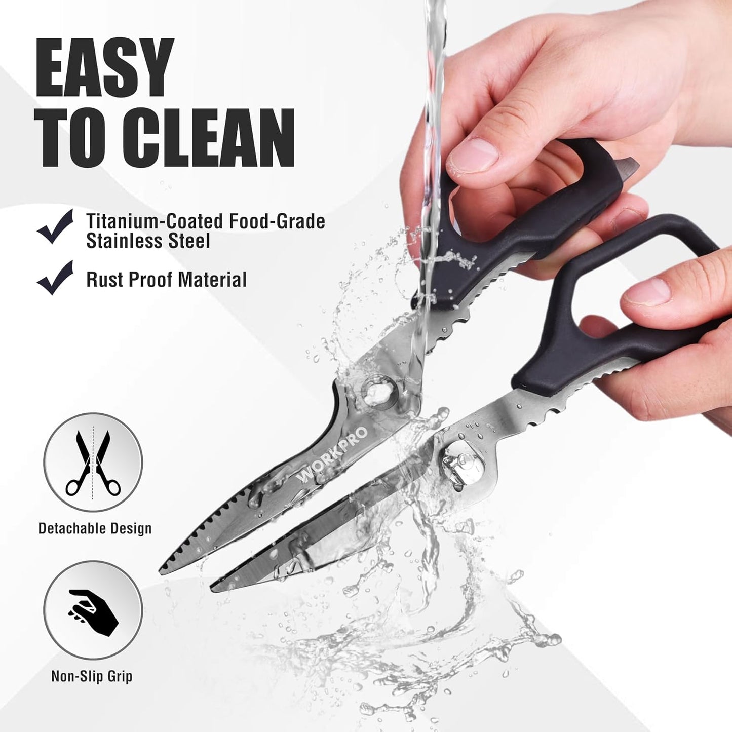 WORKPRO Kitchen Scissors, All Purpose Kitchen Shears with Detachable Stainless Steel Blades, Titanium Coated for Easy Cleaning, Heavy Duty for Meat, Fish, Nuts, Vegetables, Protective Cover Included
