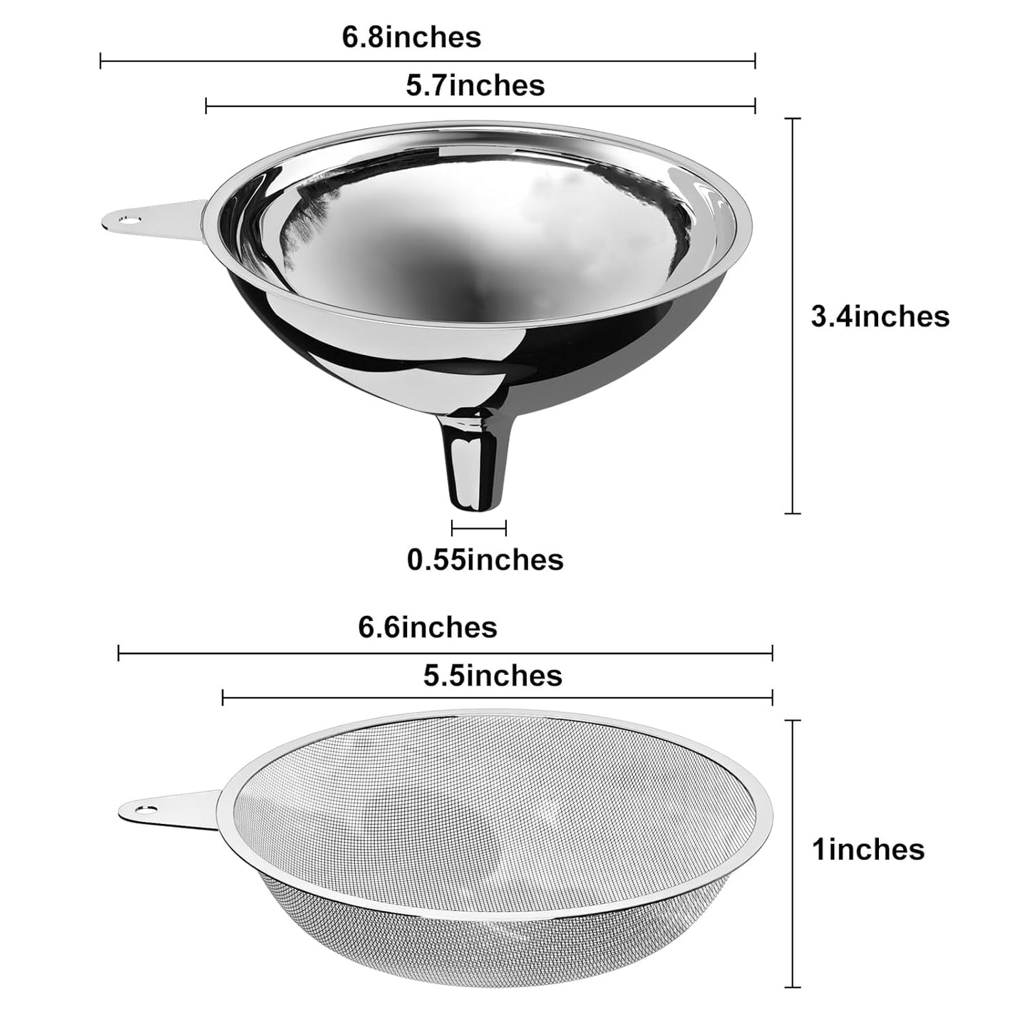Serinar Stainless Steel Funnel, 2 Large and Small Mouth Filling Kitchen funnels, Liquids, fluids, Spices and Powders, Durable and Washable.