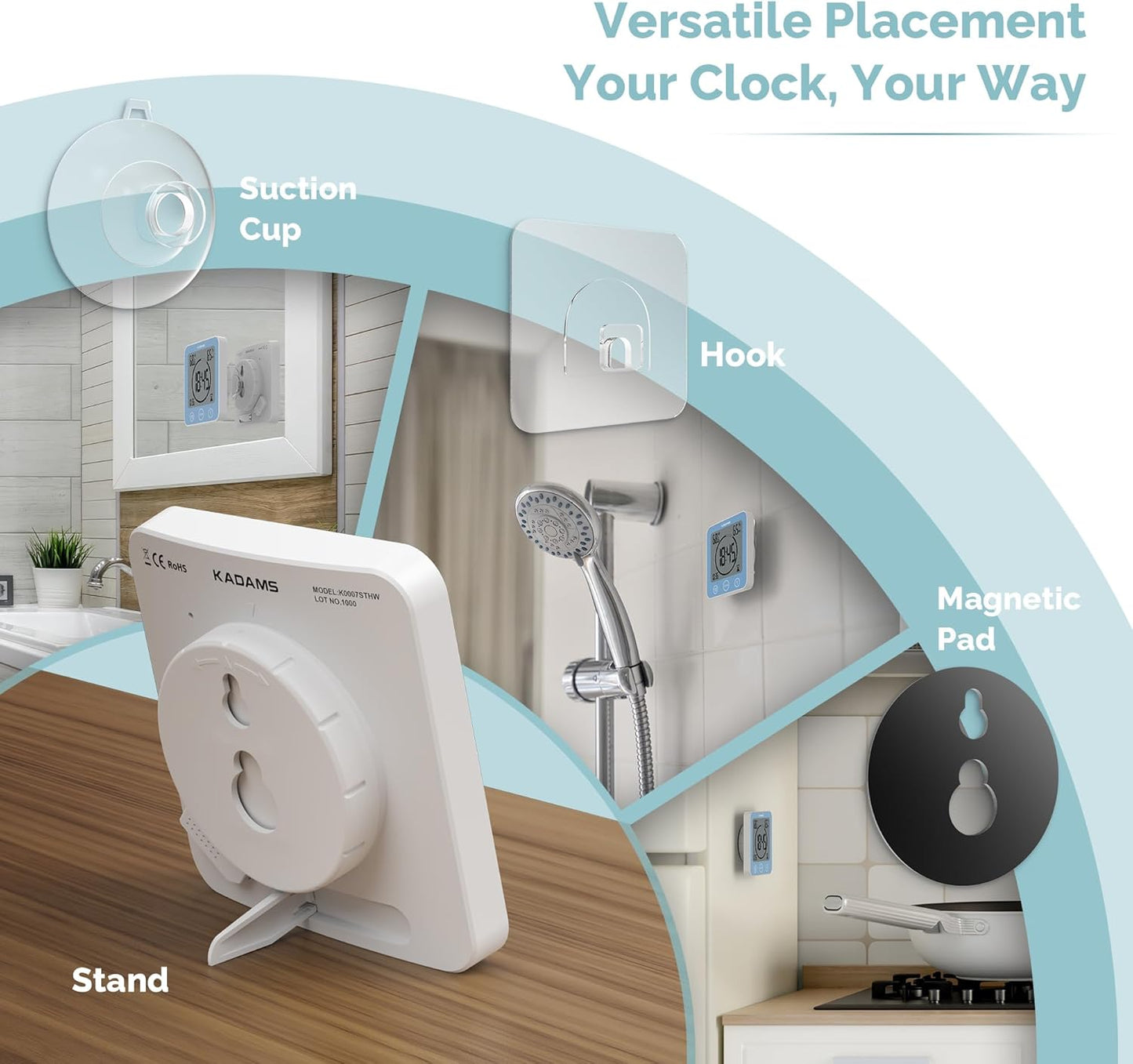 KADAMS Shower Clock Waterproof Bathroom Timer – Digital Wall Clock with Countdown, Magnetic Kitchen Clock with Temperature & Humidity, Suction Cup for Kids Shower Spa Cook Bath (Black)