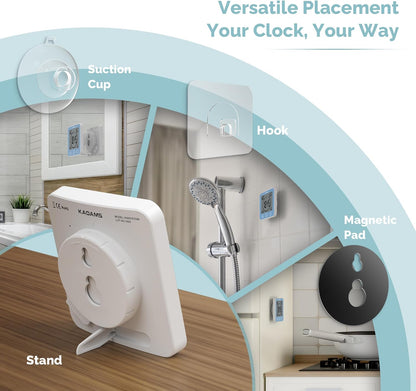 KADAMS Shower Clock Waterproof Bathroom Timer – Digital Wall Clock with Countdown, Magnetic Kitchen Clock with Temperature & Humidity, Suction Cup for Kids Shower Spa Cook Bath (Black)