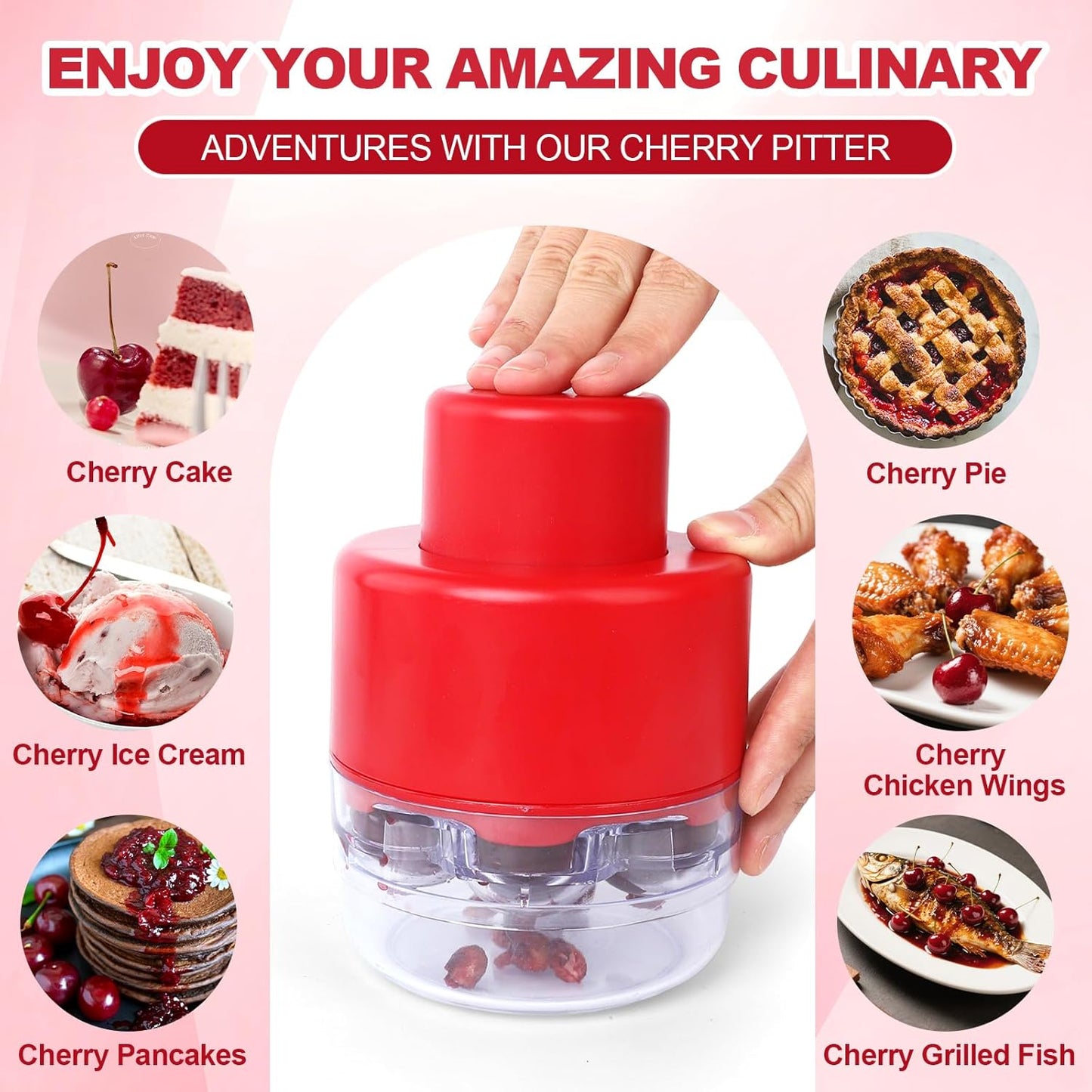 Cherry Pitter Tool 7-in-1 - Quick Clean Hands-Free Cherry Seed Remover for Baking & Canning, Dishwasher Safe Kitchen Tool for Home Cooks and Busy Moms (C)