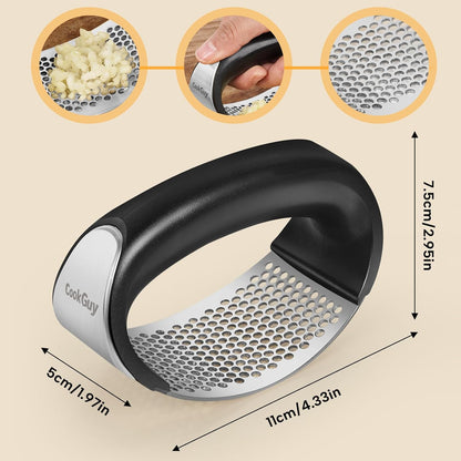 Cook Guy 304 Stainless Steel Garlic Press Rocker Set - Premium Garlic Mincer, Crusher, Peeler and Scraper Tool for Effortless Mincing - Comfortable Grip Garlic Grinder (Silver)