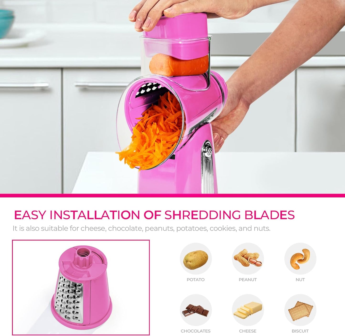SUSTEAS Rotary Cheese Grater with Handle - Vegetable Shredder with 5 Well-designed Blades & Strong Suction Base,Round Mandoline Slicer & Food Chopper for Kitchen,with Blade Storage Box(Beige)