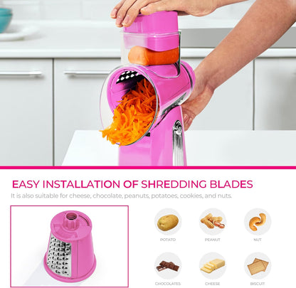 SUSTEAS Rotary Cheese Grater with Handle - Vegetable Shredder with 5 Well-designed Blades & Strong Suction Base,Round Mandoline Slicer & Food Chopper for Kitchen,with Blade Storage Box(Beige)