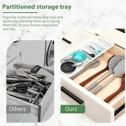 Expandable Measuring Cup Organizer & Measuring Spoon Organizer for Deep Drawers, 11.4''–18.1'' Adjustable Kitchen Drawer Organizer with 3 Dividers, Space-Saving Flatware Bin for Home & Kitchen