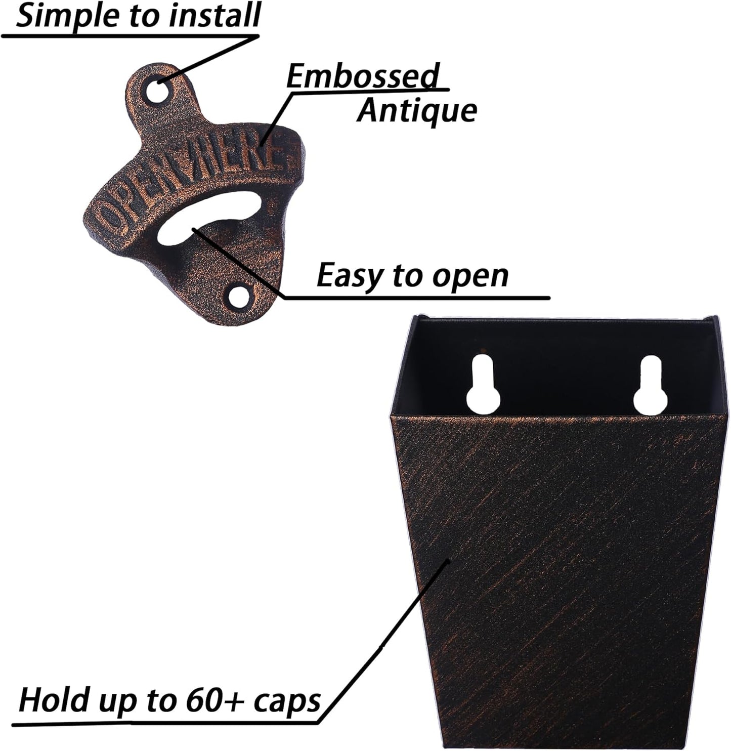 Satin Black Cast Iron Bottle Opener Wall Mounted with Bottle Cap Catcher Narrow