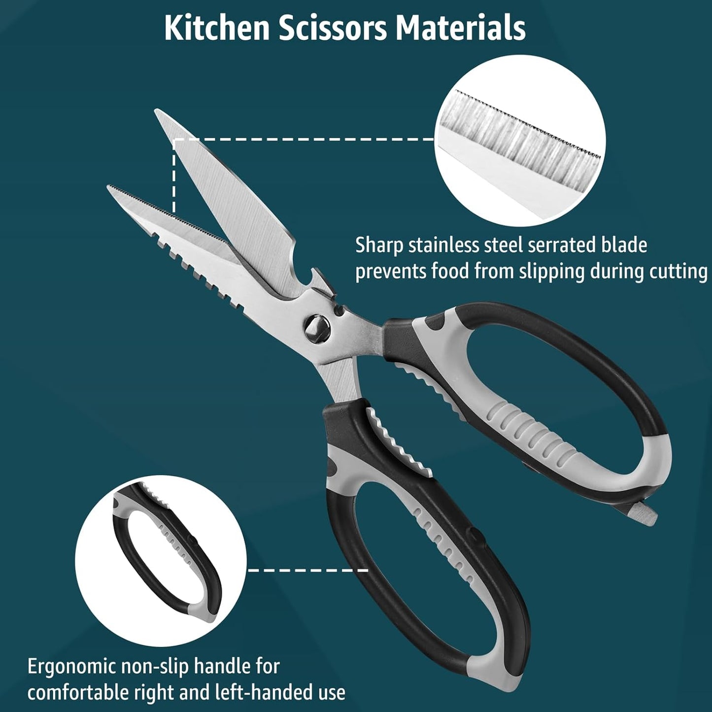BoFuYuan Kitchen Scissors, 9-Inch Heavy Duty Multipurpose Food Cutting Shears, Detachable Dishwasher Safe, Sharp Serrated Blade, Ergonomic Non-Slip Handle for Food, Meat, Herbs, Black
