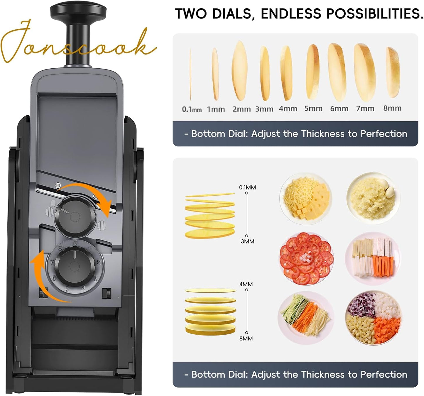 Jonscook All-in-1 Update Safe Mandoline Slicer for Kitchen, Food Chopper with Container, Thickness Adjustable Vegetable Chopper, Potato French Fry Cutter Tomato Apple Slicer Onion (BlackKnight)