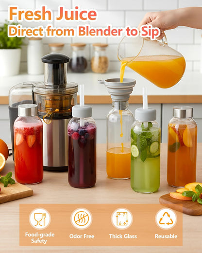 Zukro 12 oz Glass Juice Bottles with Lids & Straw, Airtight & Leak proof, Reusable Clear Small Bottle With Stainless Steel Cap for Juicing, Water, Smoothie & Milk, Dishwasher Safe & BPA Free, 12 Pack