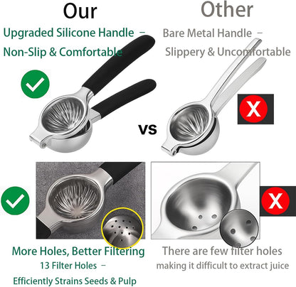 Lemon Squeezer, Stainless Steel Lemon Juicer & Lime Squeezer, Manual Citrus Juicer with Non-Slip Silicone Handles, Easy to Use & Clean