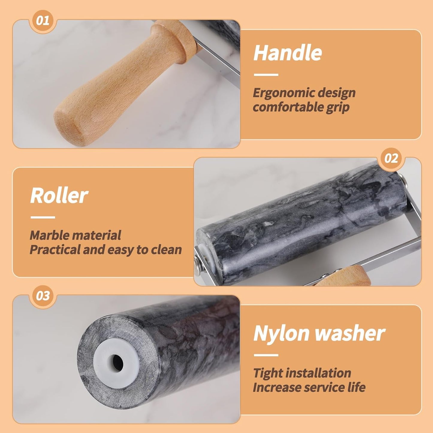 Small Marble Rolling Pin Pizza Roller with Dough Scraper Cutter, Marble Roller Non-Stick T-Type, For Cake Baking Tortilla Fudge Pizza Cookies and Other Kitchen Baking Cooking(White)