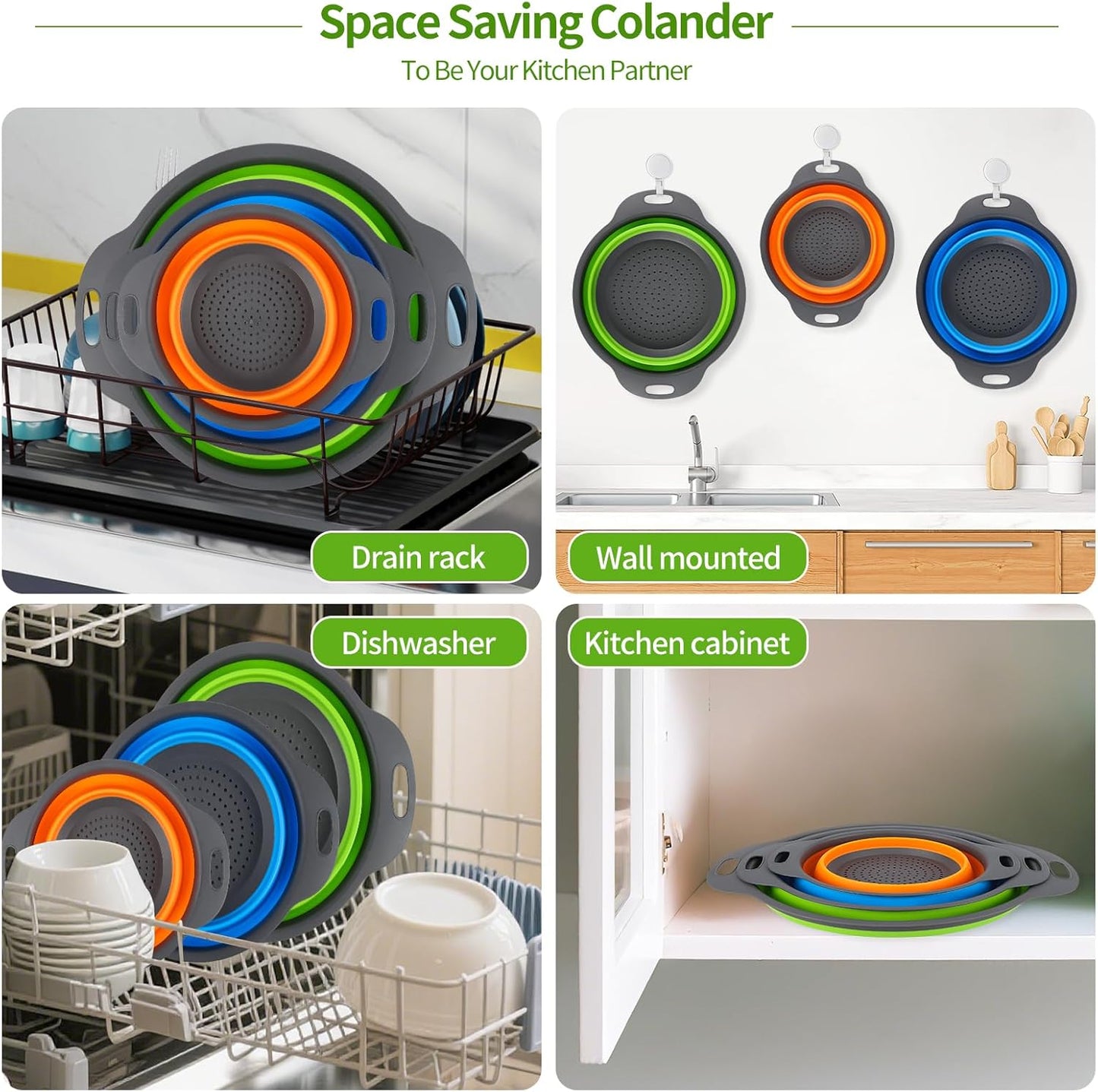 Tri-Color Silicone Collapsible Colander Set (3Pcs 2/4/6 QT) - Space Saving Foldable Strainers with Non-Slip Base for Pasta, Veggies & Camping, Dishwasher Safe Instant Fold Kitchen Gadget