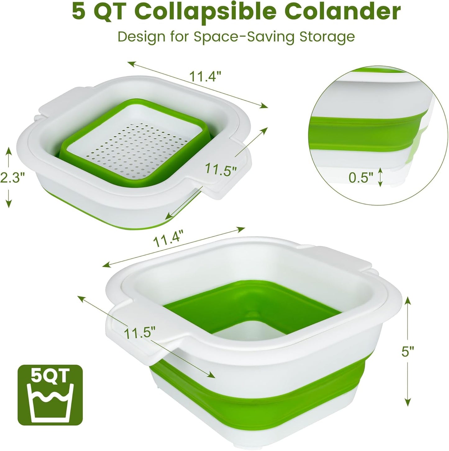 ROTTOGOON Collapsible Colander Set with Strainer Bowl, 2 in 1 Fruit Washing Basket with Strainer, 5 + 3 QT Plastic Colanders for Kitchen, Foldable Double Layered Colanders Bowl for Vegetable, Grey
