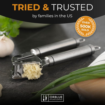 ORBLUE Garlic Press Stainless Steel - Premium Professional Grade Garlic Mincer, Crusher & Peeler Set - Easy Clean, Dishwasher Safe & Rust-proof