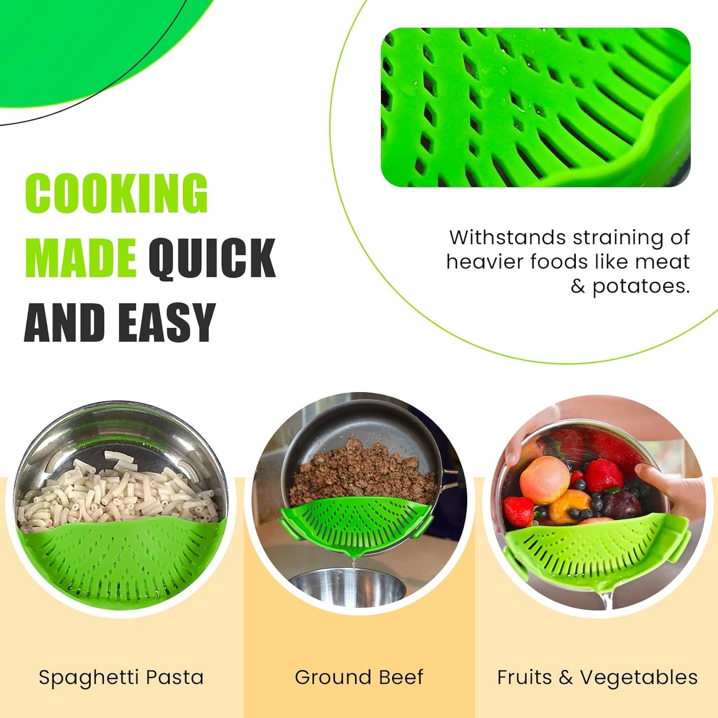 Clip On Kitchen Food Strainer for Spaghetti, Meat, Pasta, & Ground Beef Grease, Colander & Sieve Snaps or Clips Onto Bowls, Pots & Pans Includes Silicone Drainer, Brush & Garlic Peeler (Dk Red)