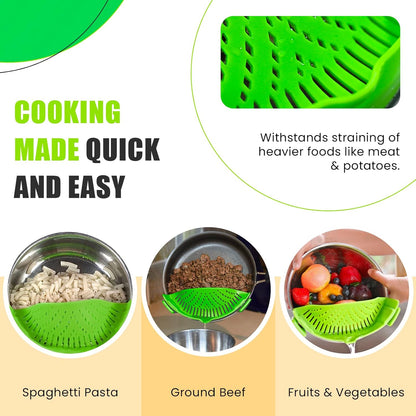 Clip On Kitchen Food Strainer for Spaghetti, Meat, Pasta, & Ground Beef Grease, Colander & Sieve Snaps or Clips Onto Bowls, Pots & Pans Includes Silicone Drainer, Brush & Garlic Peeler (Dk Red)