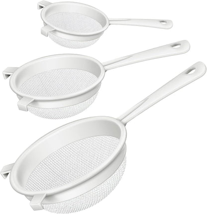 3 Pcs Plastic Nylon Mesh Strainer Colander with Handle Double Ear Fine Food Mesh Strainer Flour Sifter for Baking Kitchen Colander Sifter Kefir Tea Juice Pasta(3 Inch, 4 Inch, 5.5 Inch)