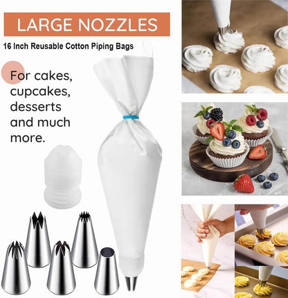 17 Pcs Large Piping Tips, Reusable Piping Bags and Tips Set - 16inch Cotton Pastry Bags & piping coupler, Stainless Steel Frosting Piping Kit & cleaning brush for cupcake,cake,cookie Decorating