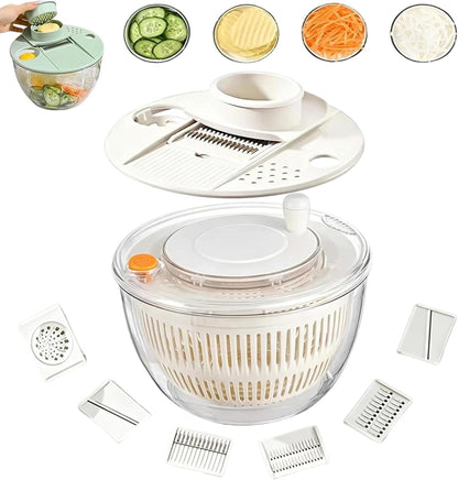 Large Capacity Multi-Function Salad Spinner with Quick Stop Button, Salad Spinner Stainless Steel, Salad Spinner Large, with 5 Blade Slicer Egg Yolk Strainer Shredder (Green)
