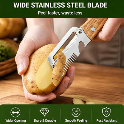 2 Pack Multi-Functional Vegetable Peeler, 3 in 1 Multi Functional Wooden Handle Peeler and Bottle Opener, Kitchen Gadgets Tool for Fruit Pumpkin Peeling Potato Carrot Veggie Peeler