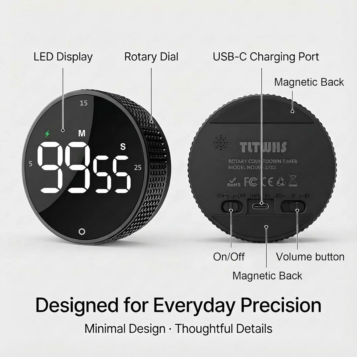 Rechargeable Magnetic Kitchen Timer, LED Countdown/Count-Up Timer, Supports USB-C Charging, with Loud Alarm, 3 Preset Quick Times (5/15/25m), Perfect for Kitchen Cooking, Studying, and Fitness