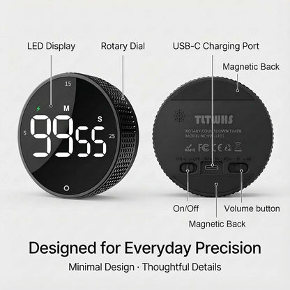Rechargeable Magnetic Kitchen Timer, LED Countdown/Count-Up Timer, Supports USB-C Charging, with Loud Alarm, 3 Preset Quick Times (5/15/25m), Perfect for Kitchen Cooking, Studying, and Fitness