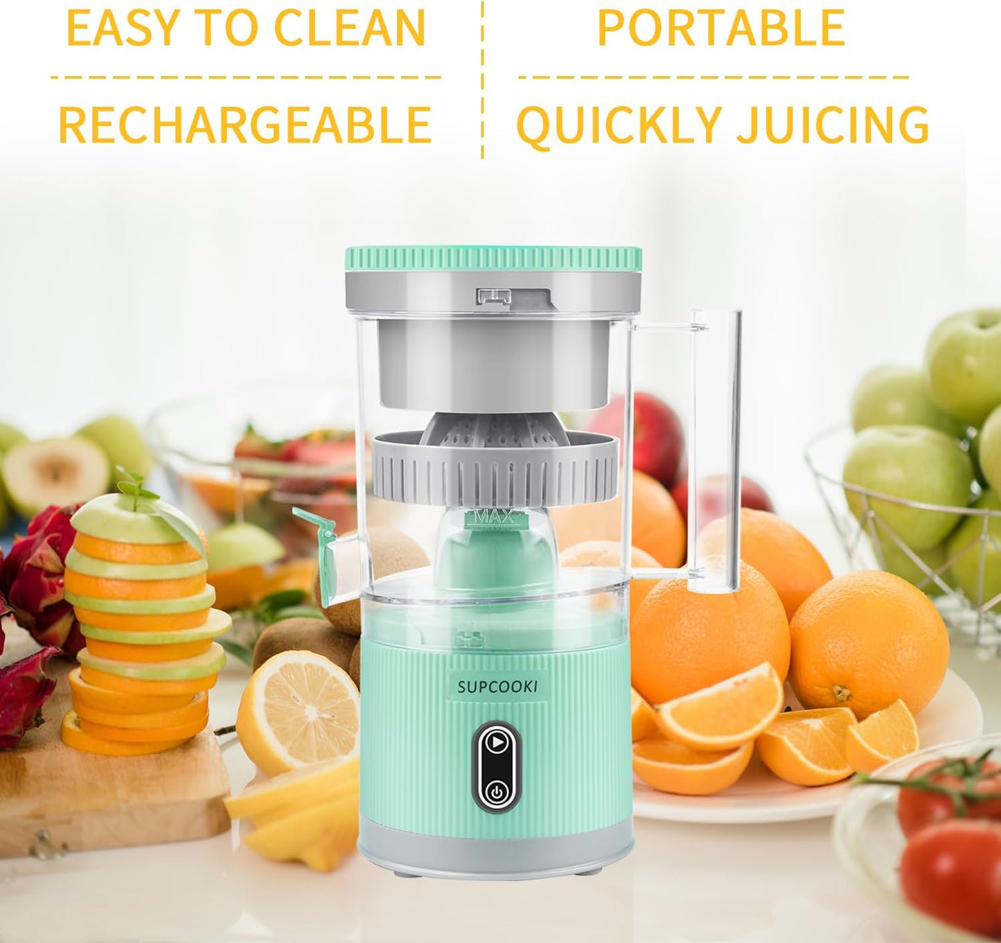 Electric Citrus Juicer, Rechargeable Juicer Machine with USB Cable and Cleaning Brush, Touch Button, Automatic Orange Lime Lemon Grapefruit Squeezer, Easy to Clean Portable Juicer, White