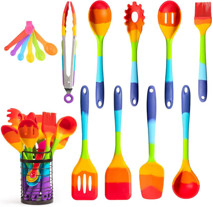 9-Piece Rainbow Silicone Spatula Set with Tongs – Multicolor Heat-Resistant Cooking Utensils for Nonstick Cookware – Flexible Turner, Spoon, Spatula, Brush, FDA Safe
